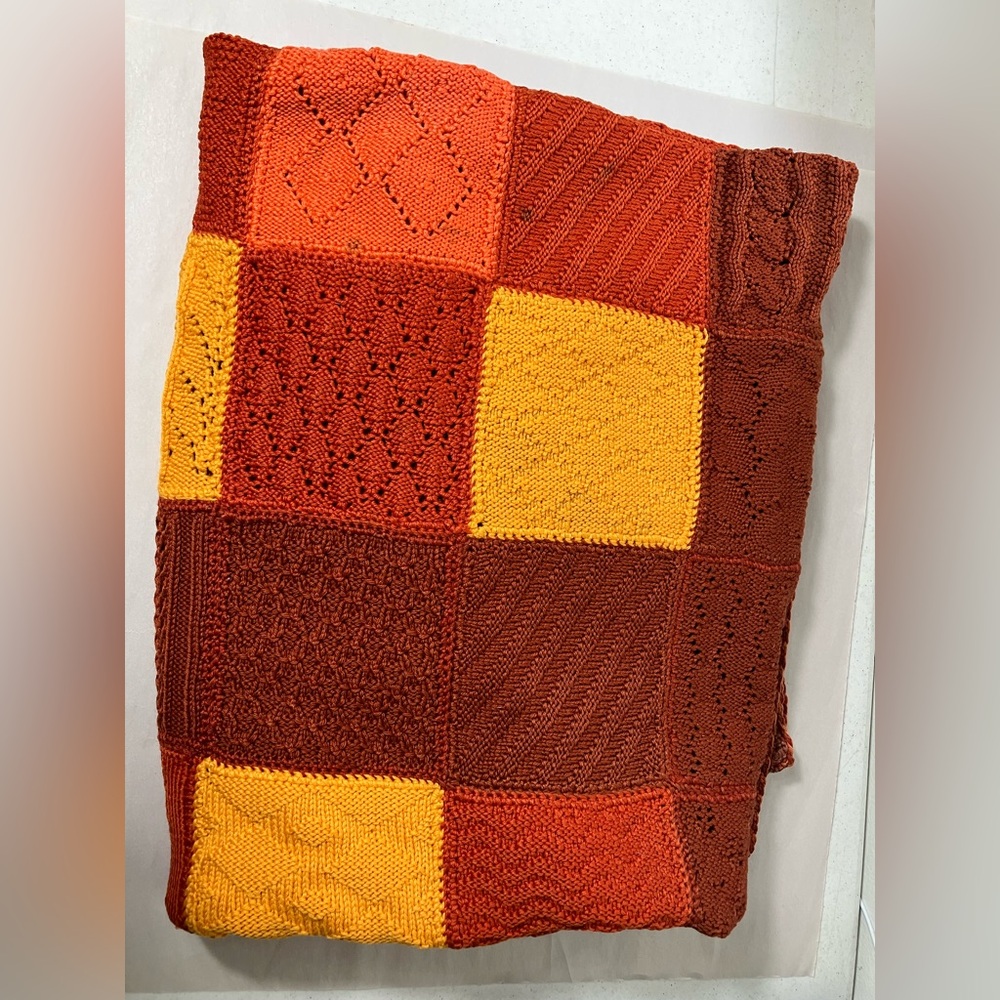 Vintage Hand knit Granny Square Blanket Brown 1991 80” X 53”